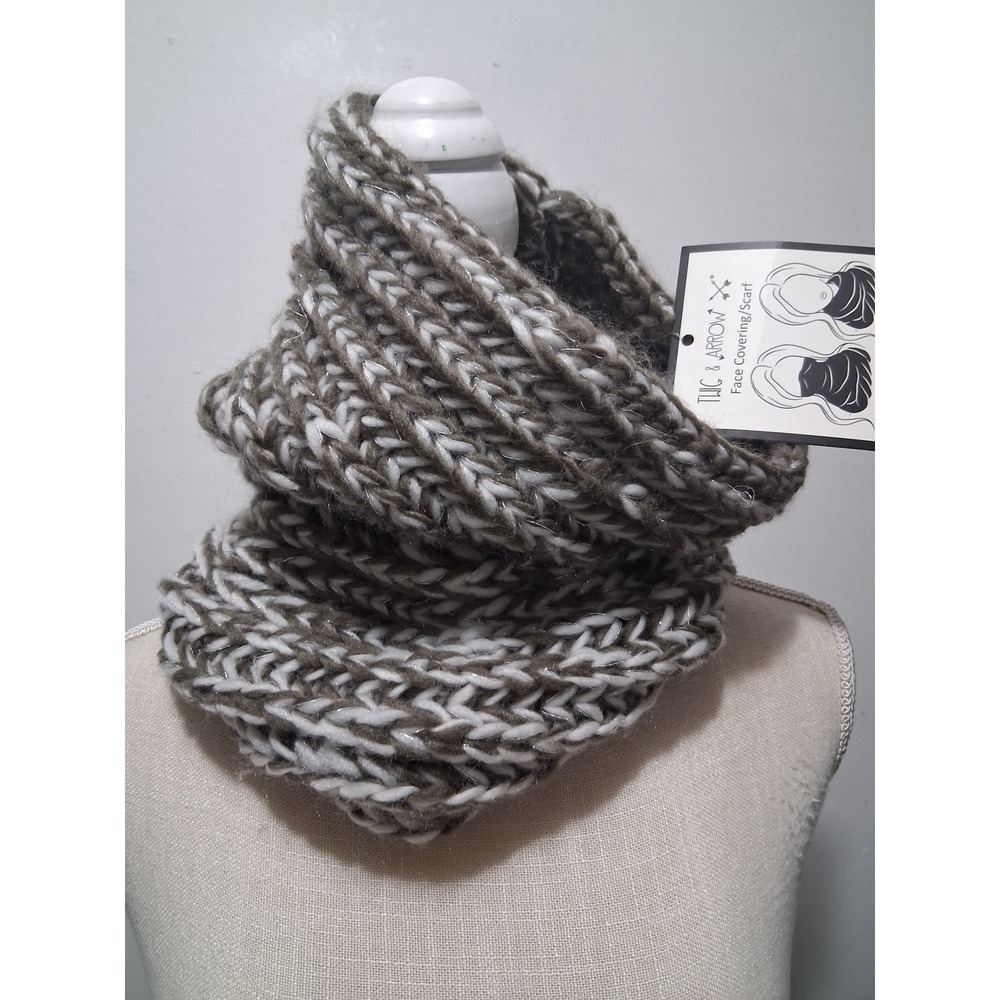 Twig & Arrow Womens Chunky Knit Infinity Scarf Taupe White Metallic Face Cover